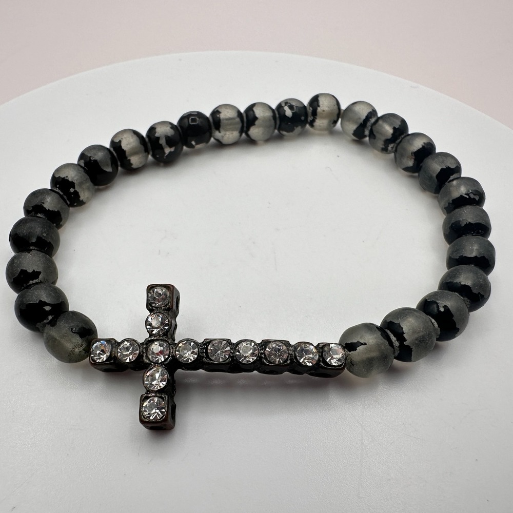 Vintage 90s Clear Glass Beaded Cross Bracelet Goth Religious Fashion Jewelry 90s